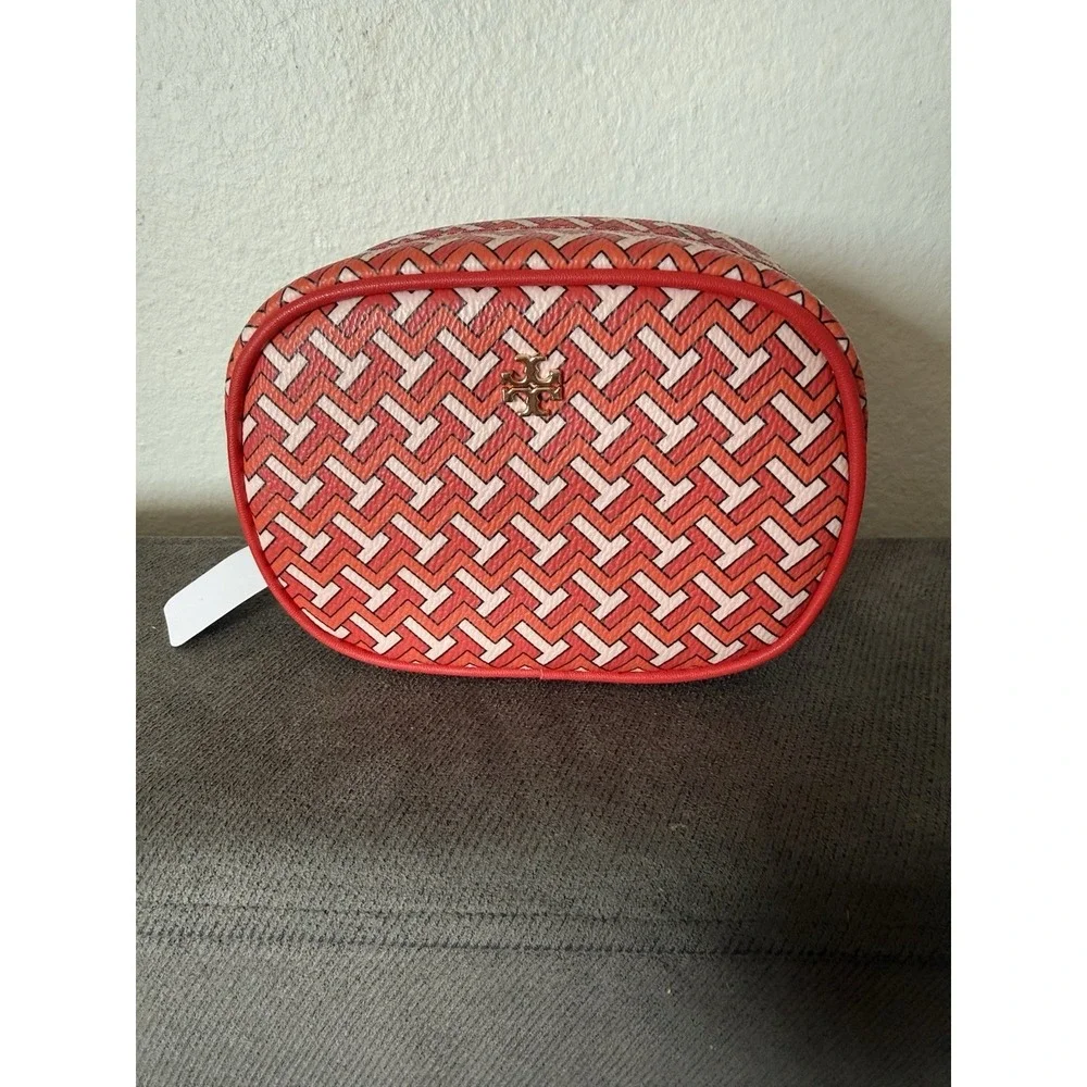 TORY BURCH Red Chevron Oval Makeup Cosmetics Bag Pouch Case 6x4x3.5